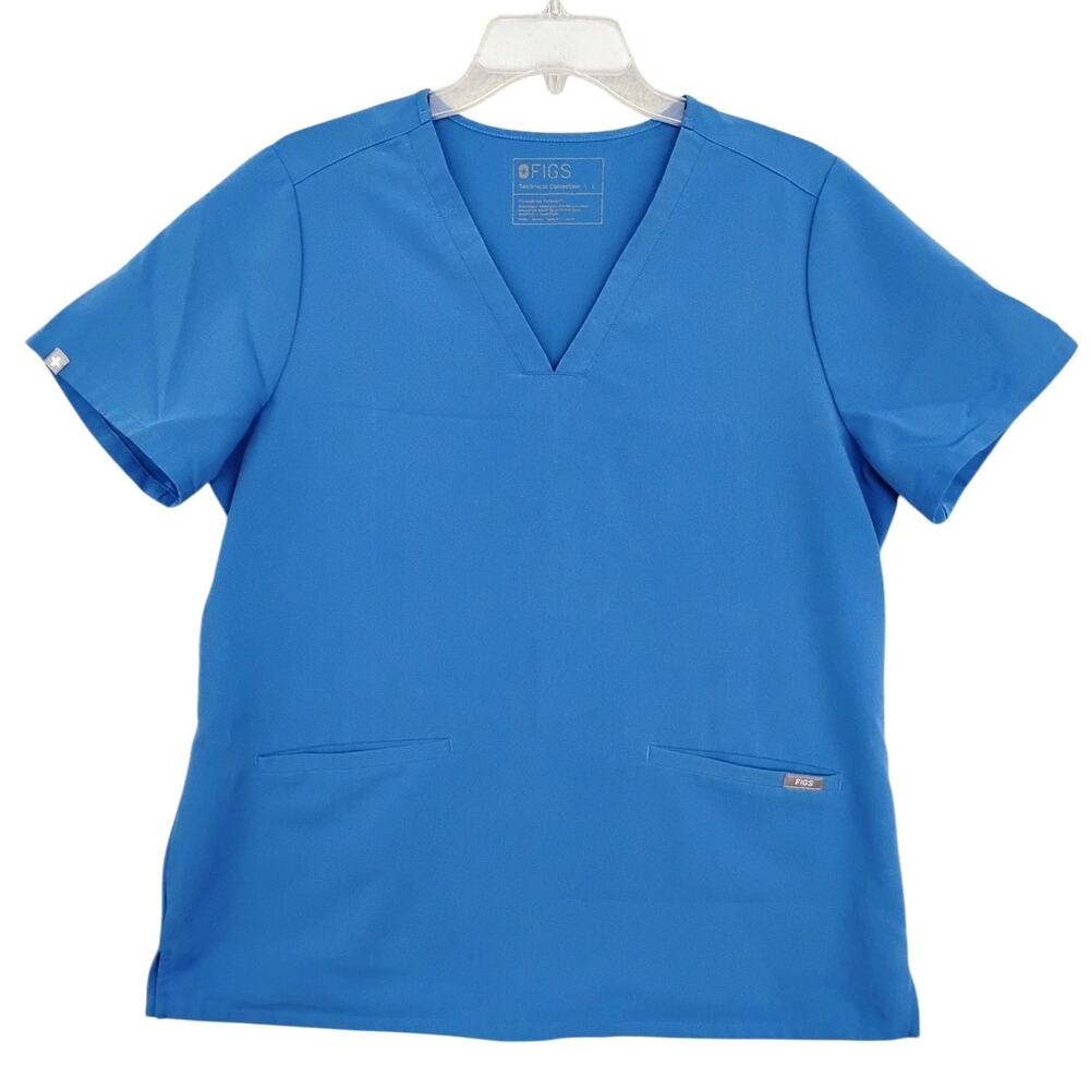 FIGS Casma Three Pocket Technical Collection Scrubs Top Size Large Blue V Neck